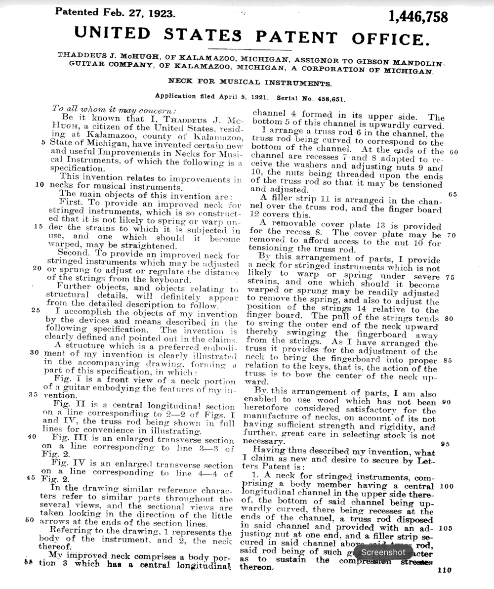 Cozad Guitars - 1923 Truss Rod Patent Text